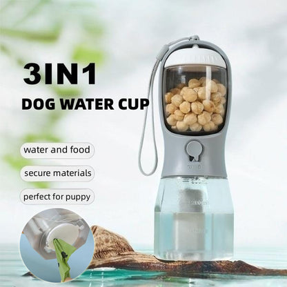 3 in 1 dog water bottle with food container and poop bag holder